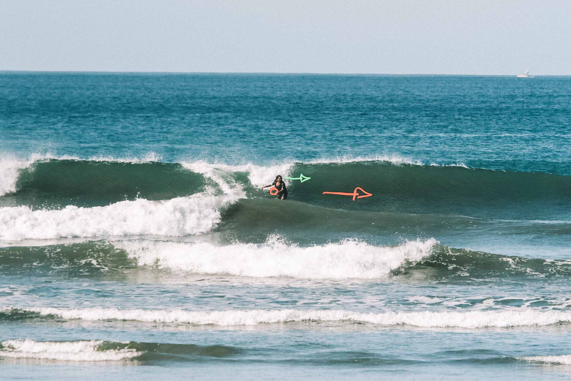 Surfer using backside technique on a wave